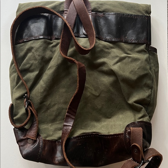 HEIMIE’S MADE Army Surplus Olive Waxed Canvas & Leather Men's Roll Top Backpack - Picture 5 of 6